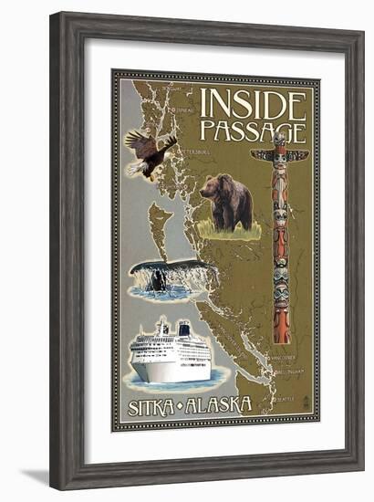 Sitka, Alaska - Inside Passage Map-Lantern Press-Framed Art Print