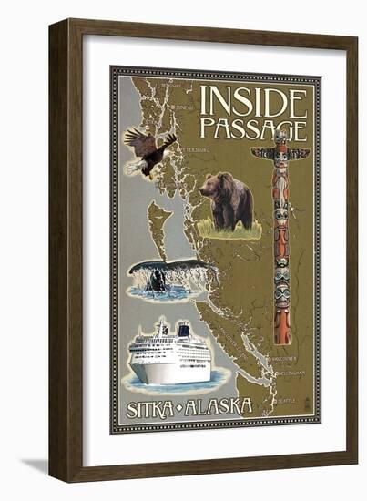 Sitka, Alaska - Inside Passage Map-Lantern Press-Framed Art Print