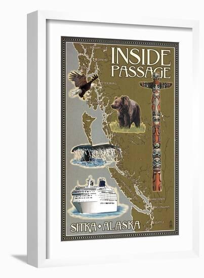 Sitka, Alaska - Inside Passage Map-Lantern Press-Framed Art Print