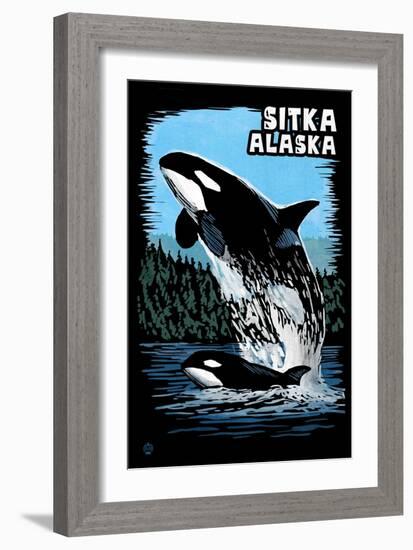 Sitka, Alaska - Orca - Scratchboard-Lantern Press-Framed Art Print