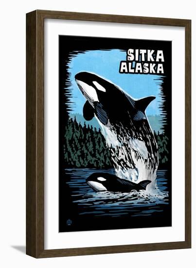 Sitka, Alaska - Orca - Scratchboard-Lantern Press-Framed Art Print