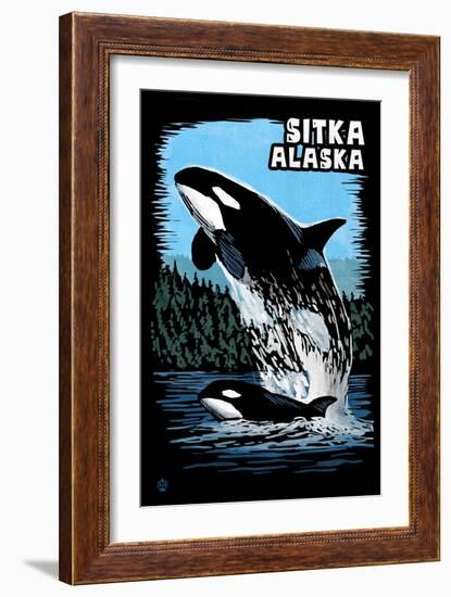 Sitka, Alaska - Orca - Scratchboard-Lantern Press-Framed Art Print