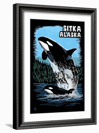 Sitka, Alaska - Orca - Scratchboard-Lantern Press-Framed Art Print