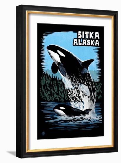 Sitka, Alaska - Orca - Scratchboard-Lantern Press-Framed Art Print