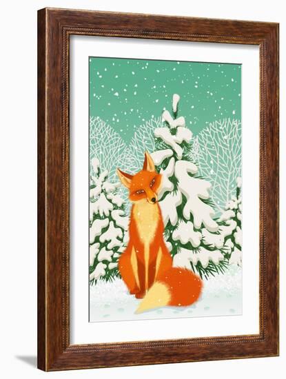 Sitting Red Fox in the Winter Forest-Milovelen-Framed Art Print