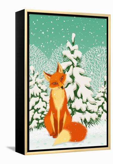 Sitting Red Fox in the Winter Forest-Milovelen-Framed Stretched Canvas