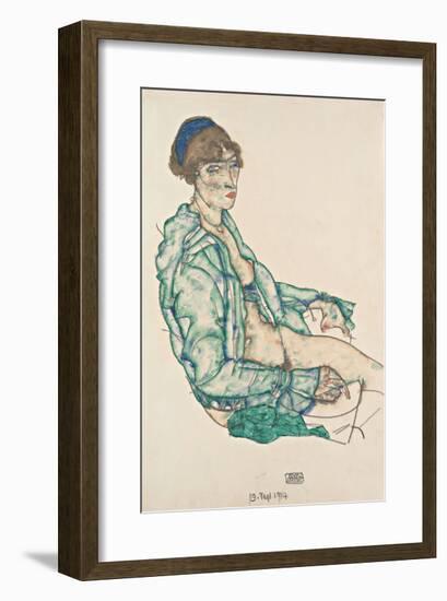 Sitting Semi-Nude with Blue Hairband, 1914-Egon Schiele-Framed Premium Giclee Print