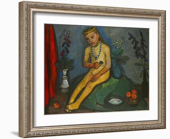 Sitzender Maedchenakt mit Blumen. Oil on canvas.-Paula Modersohn-Becker-Framed Giclee Print