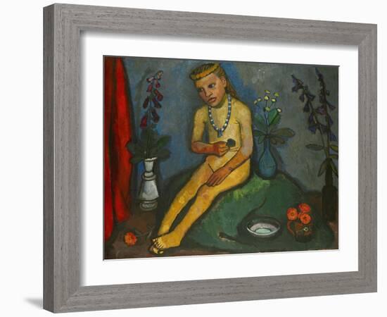 Sitzender Maedchenakt mit Blumen. Oil on canvas.-Paula Modersohn-Becker-Framed Giclee Print