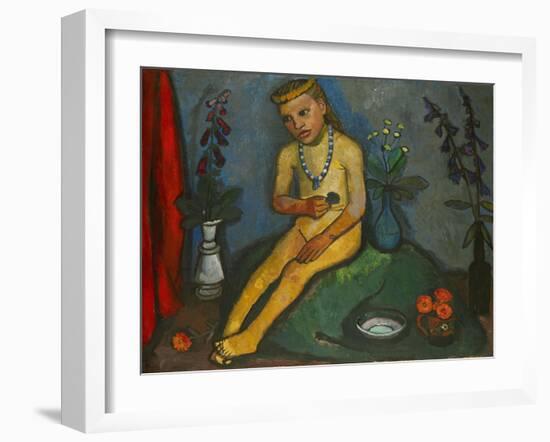 Sitzender Maedchenakt mit Blumen. Oil on canvas.-Paula Modersohn-Becker-Framed Giclee Print