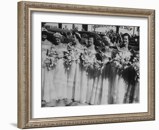 Six Bridesmaids Pose Together in White Organdy Gowns For Elizabeth Taylor and Nicky Hilton Wedding-Ed Clark-Framed Photographic Print