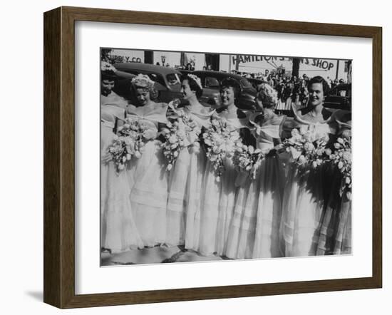 Six Bridesmaids Pose Together in White Organdy Gowns For Elizabeth Taylor and Nicky Hilton Wedding-Ed Clark-Framed Photographic Print