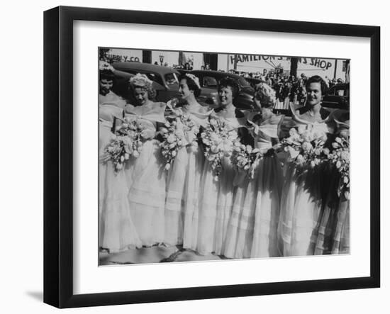 Six Bridesmaids Pose Together in White Organdy Gowns For Elizabeth Taylor and Nicky Hilton Wedding-Ed Clark-Framed Photographic Print