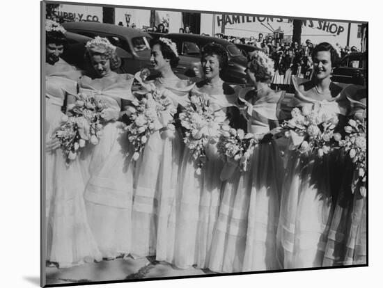 Six Bridesmaids Pose Together in White Organdy Gowns For Elizabeth Taylor and Nicky Hilton Wedding-Ed Clark-Mounted Photographic Print