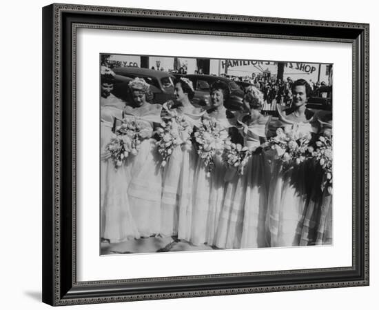 Six Bridesmaids Pose Together in White Organdy Gowns For Elizabeth Taylor and Nicky Hilton Wedding-Ed Clark-Framed Photographic Print