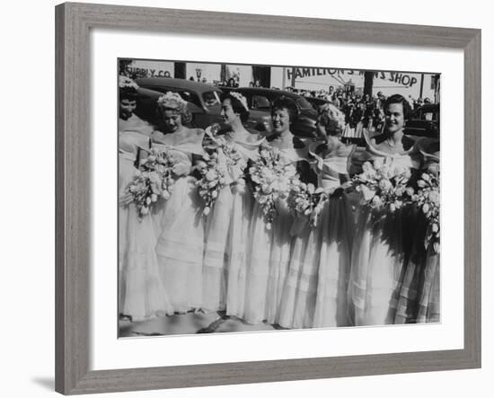 Six Bridesmaids Pose Together in White Organdy Gowns For Elizabeth Taylor and Nicky Hilton Wedding-Ed Clark-Framed Photographic Print