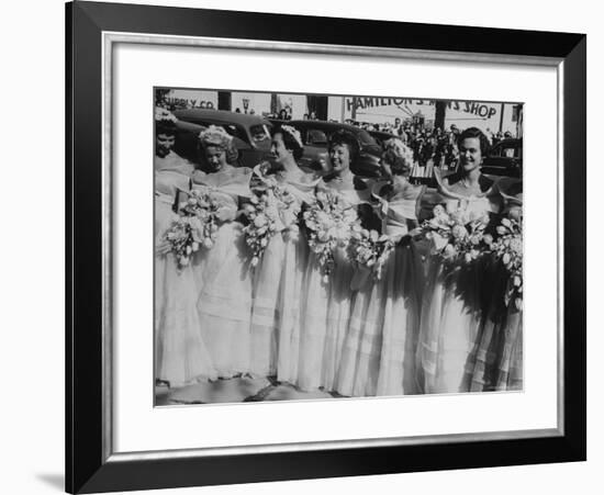 Six Bridesmaids Pose Together in White Organdy Gowns For Elizabeth Taylor and Nicky Hilton Wedding-Ed Clark-Framed Photographic Print