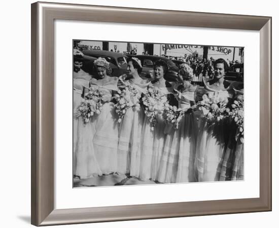 Six Bridesmaids Pose Together in White Organdy Gowns For Elizabeth Taylor and Nicky Hilton Wedding-Ed Clark-Framed Photographic Print