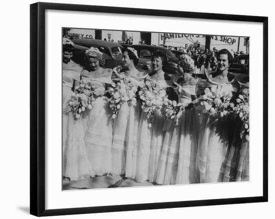 Six Bridesmaids Pose Together in White Organdy Gowns For Elizabeth Taylor and Nicky Hilton Wedding-Ed Clark-Framed Photographic Print