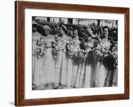 Six Bridesmaids Pose Together in White Organdy Gowns For Elizabeth Taylor and Nicky Hilton Wedding-Ed Clark-Framed Photographic Print