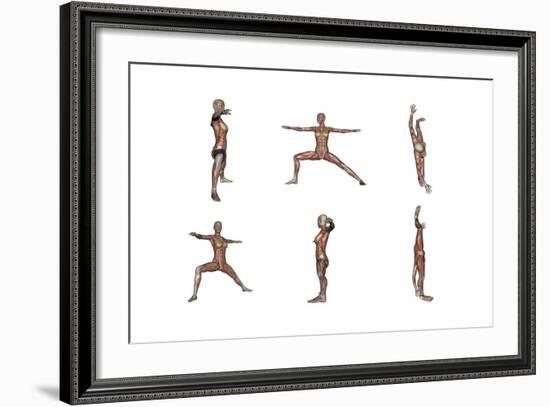 Six Different Views of Warrior Yoga Pose Showing Female Musculature-null-Framed Art Print