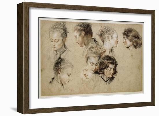 Six études de têtes de jeune femme et deux de têtes de jeunes garçons-Jean Antoine Watteau-Framed Giclee Print