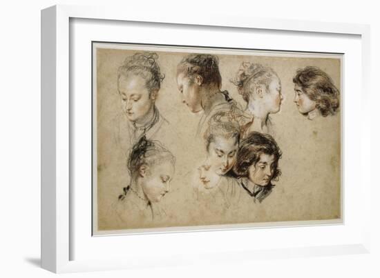 Six études de têtes de jeune femme et deux de têtes de jeunes garçons-Jean Antoine Watteau-Framed Giclee Print