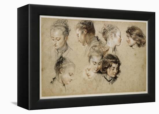 Six études de têtes de jeune femme et deux de têtes de jeunes garçons-Jean Antoine Watteau-Framed Premier Image Canvas