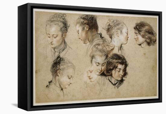 Six études de têtes de jeune femme et deux de têtes de jeunes garçons-Jean Antoine Watteau-Framed Premier Image Canvas