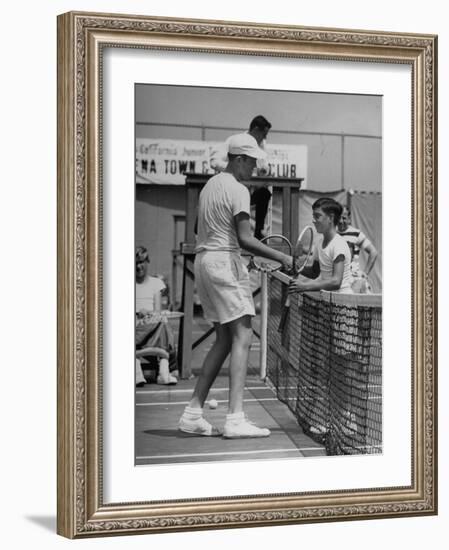 Six Foot Five Neal Wall, Giving a Congratulating Handshake to Winner Ronald Schoenberg-Allan Grant-Framed Photographic Print