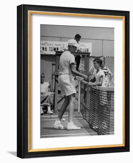 Six Foot Five Neal Wall, Giving a Congratulating Handshake to Winner Ronald Schoenberg-Allan Grant-Framed Photographic Print