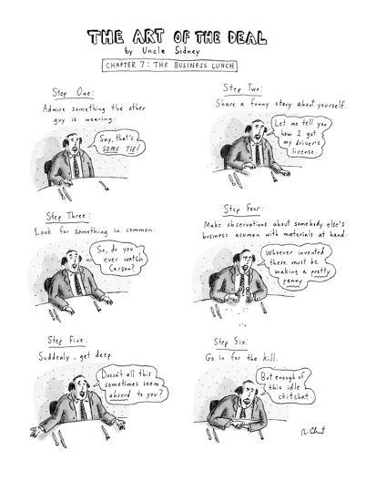 Six Panel Drawing Shows Man At Business Lunch Whose Six Steps Include Admi New Yorker Cartoon Premium Giclee Print Roz Chast Art Com
