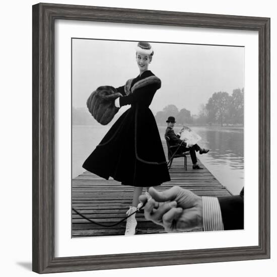 Skater in a Digby Morton Fur Trimmed Velvet Coat and Michael Bentley in the Background, 1955-John French-Framed Giclee Print