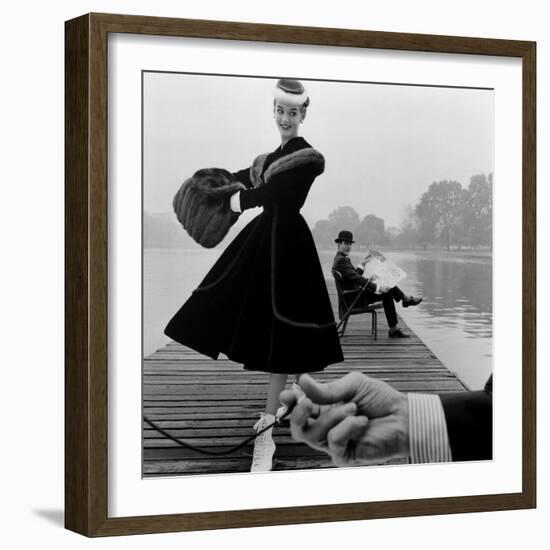 Skater in a Digby Morton Fur Trimmed Velvet Coat and Michael Bentley in the Background, 1955-John French-Framed Giclee Print