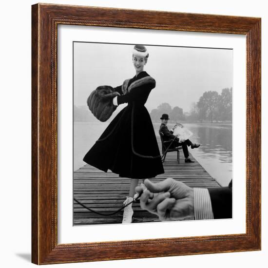 Skater in a Digby Morton Fur Trimmed Velvet Coat and Michael Bentley in the Background, 1955-John French-Framed Giclee Print