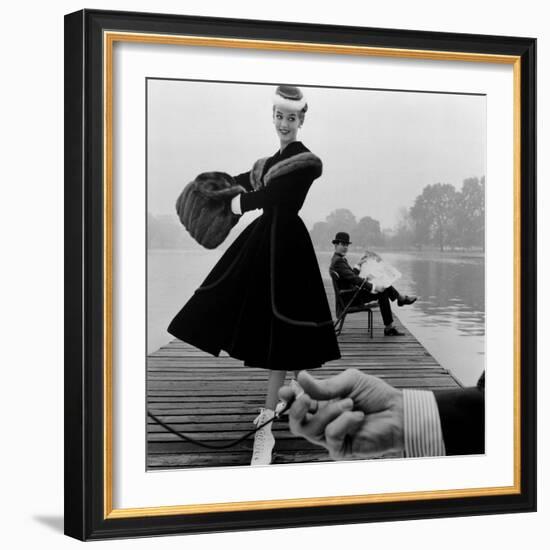 Skater in a Digby Morton Fur Trimmed Velvet Coat and Michael Bentley in the Background, 1955-John French-Framed Giclee Print