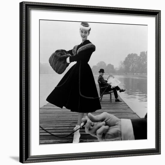 Skater in a Digby Morton Fur Trimmed Velvet Coat and Michael Bentley in the Background, 1955-John French-Framed Giclee Print