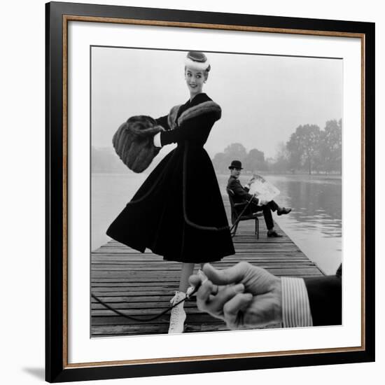 Skater in a Digby Morton Fur Trimmed Velvet Coat and Michael Bentley in the Background, 1955-John French-Framed Giclee Print