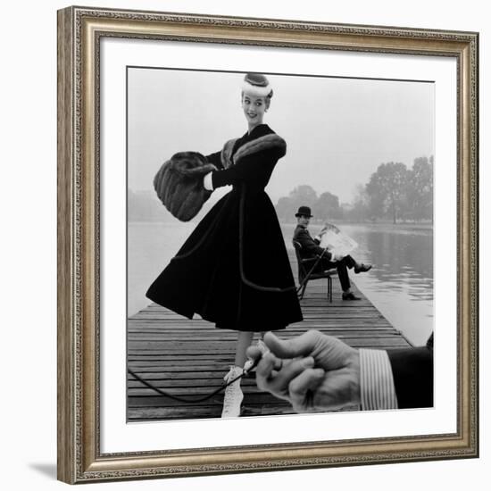 Skater in a Digby Morton Fur Trimmed Velvet Coat and Michael Bentley in the Background, 1955-John French-Framed Giclee Print