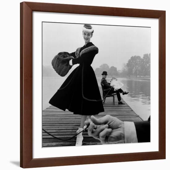 Skater in a Digby Morton Fur Trimmed Velvet Coat and Michael Bentley in the Background, 1955-John French-Framed Giclee Print