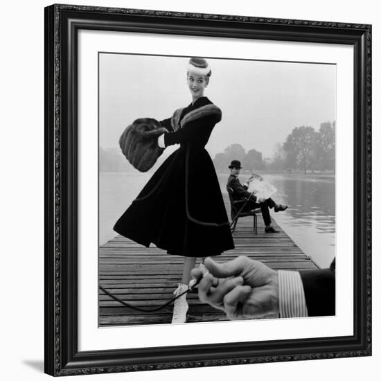 Skater in a Digby Morton Fur Trimmed Velvet Coat and Michael Bentley in the Background, 1955-John French-Framed Giclee Print