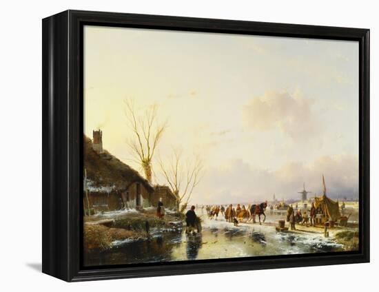 Skaters by a Booth on a Frozen River-Andreas Schelfhout-Framed Premier Image Canvas