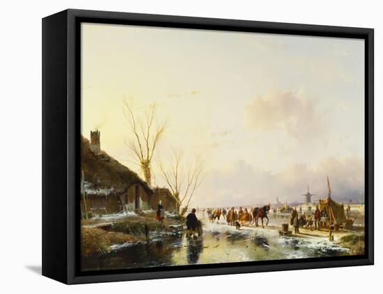 Skaters by a Booth on a Frozen River-Andreas Schelfhout-Framed Premier Image Canvas