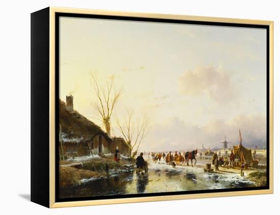 Skaters by a Booth on a Frozen River-Andreas Schelfhout-Framed Premier Image Canvas