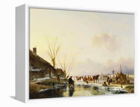 Skaters by a Booth on a Frozen River-Andreas Schelfhout-Framed Premier Image Canvas