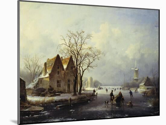 Skaters in a Frozen Winter Landscape-Andreas Schelfhout-Mounted Giclee Print