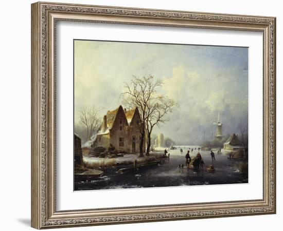 Skaters in a Frozen Winter Landscape-Andreas Schelfhout-Framed Giclee Print