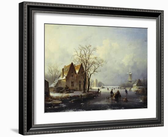 Skaters in a Frozen Winter Landscape-Andreas Schelfhout-Framed Giclee Print