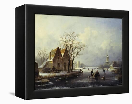 Skaters in a Frozen Winter Landscape-Andreas Schelfhout-Framed Premier Image Canvas