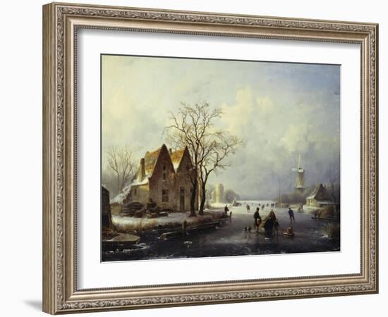 Skaters in a Frozen Winter Landscape-Andreas Schelfhout-Framed Giclee Print